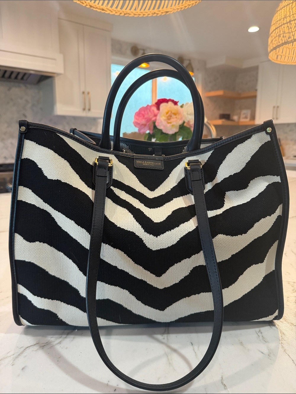 Zebra-Print Black and White Tote with Double Handles